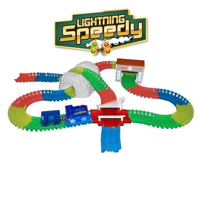 Circuit train Blue la loco Lightning Speedy, train lumineux avec rails flexibles, modulables et accessoires