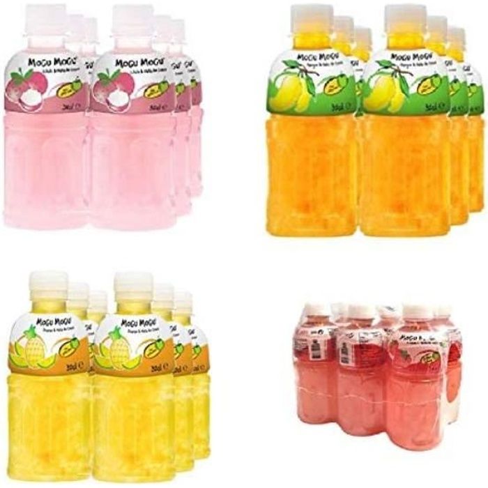 Mogu Mogu assortiment de 4 parfums : Litchi, Mangue, Ananas, Fraise - 6 x 32 cl - jus avec des morceaux de la noix de coco