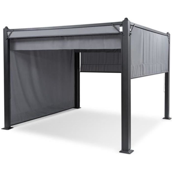 Blumfeldt Pantheon Cortina Pergola - Pavillon avec auvent 3x3m & toît coulissant - 4 parties latérales - Toile polyester - Gris