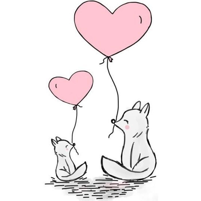 Poster Affiche Aquarelle Peinture Loups Ballon Coeur Enfant Mignon 31cm x 55cm