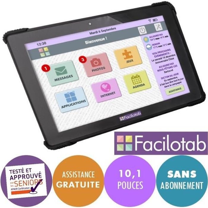 Tablette Facilotab L Onyx 10,1 pouces WiFi/4G - 32 Go - Android 10 (Interface simplifiée pour Seniors) Noir