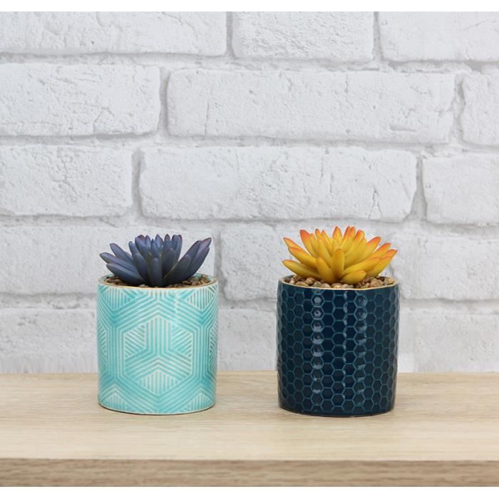 Ligne Déco - Lot de 2 Succulentes artificielles pots céramiques bleus + doré - 11cm - Plante verte artificielle - Plante grasse -