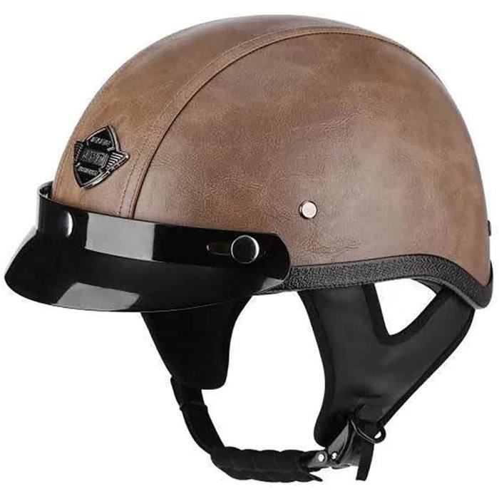 Rétro Casque Moto en Cuir, Homologué ECE with Style de Vintage Demi Casques Quatre Saisons, pour Scooter Bike Cruiser Chopper Mope