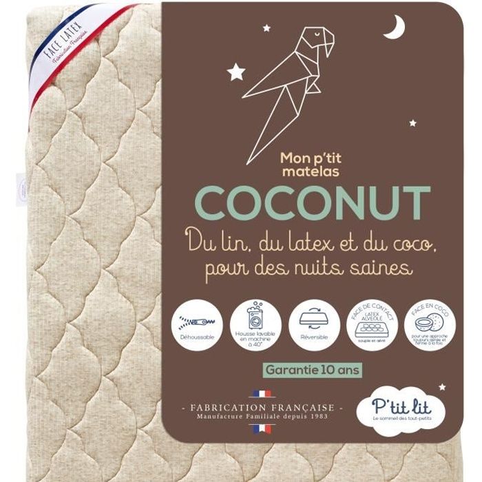 P'tit Lit - Matelas Bébé Coco Nut - 60x120 cm - 1 face Latex / 1 face Coco d'Origine Végétale - Lin : Naturellement