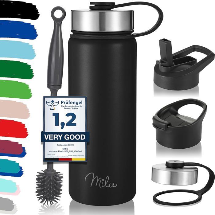 MURBONE Gourde en Acier Inoxydable 500ml( 2 Bouchons) avec Paille Amovible, Bouteille Isotherme Sans BPA Thermos Double Paroi Sous Vide Étanche,anti- fuite,pour le Sport et Voyage