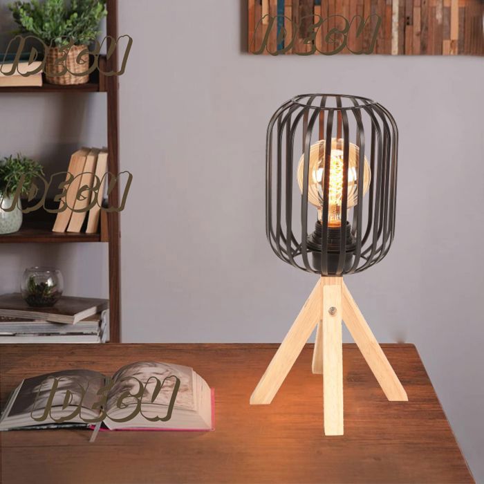Lampe de Table - IDEGU - Vintage - Métal Noir - Trépied en Bois - E27