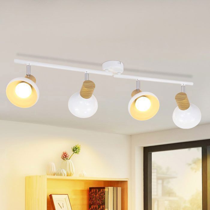 Plafonnier rétro NETTLIFE - 4 spots E14 orientables design en bois et métal blanc idéal pour le salon le couloir et la chambre