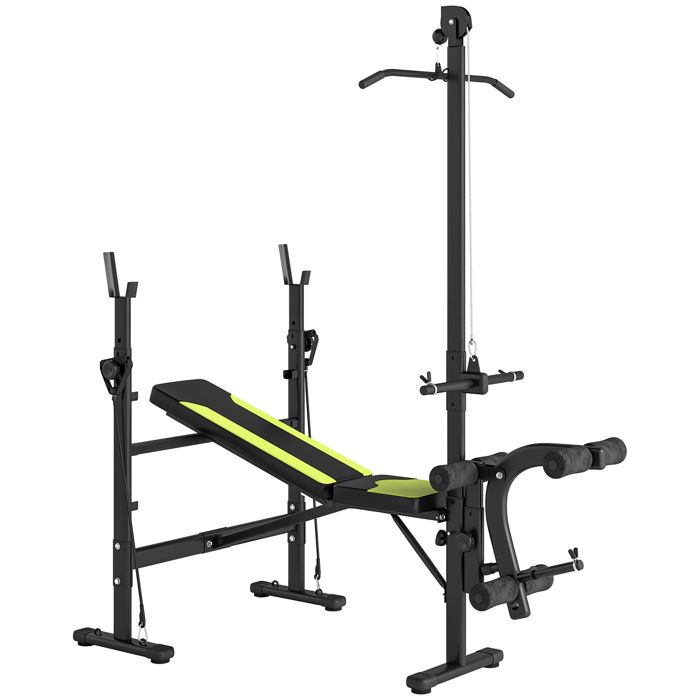 Banc de musculation - HOMCOM - dossier réglable - cordes traction curler supports barre haltères - pieds antidérapants - noir jaune