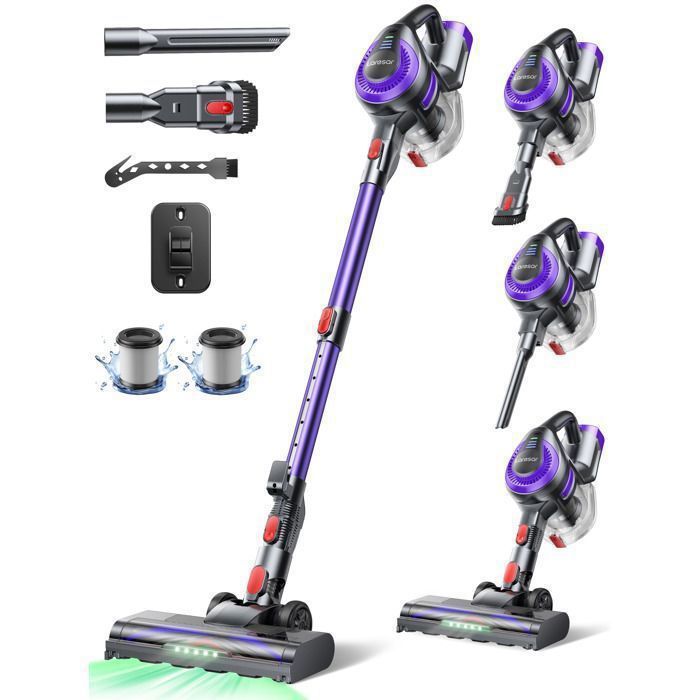 Aspirateur Balai sans Fil- Laresar V10-45Mins- 38000PA- Batterie Amovible Technologie Yeux verts Léger Tapis et Poils d’Animaux