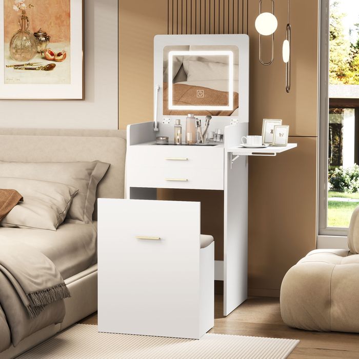 Coiffeuse avec Miroir LED Réglable Tabouret de Rangement 2 Tiroirs Étagère Rabattable Table de Maquillage Blanc