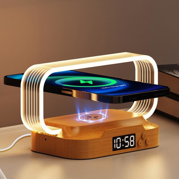 Lampe de Chevet avec Chargeur sans Fil 15W et Horloge Mini Lampes de Table Tactile 3 Modes de Couleur et Intensité Variable