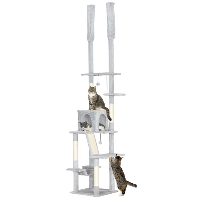 Arbre à chat du sol au plafond griffoir pour chat hauteur réglable 225-255 cm 6 niveaux avec niche hamac gris clair
