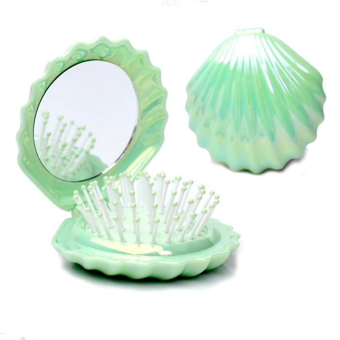 Brosse à cheveux de voyage pliable avec revêtement métallique et peigne de poche pliable portable avec miroir (vert).
