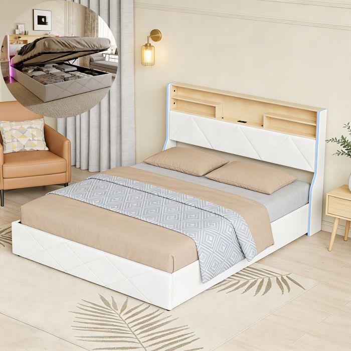 Lit 160x200 cm Coffre Hydraulique - Lit Double Scandinave Blanc avec Tête de Lit à LED Ports USB & Type-C Tissu PU Imperméable