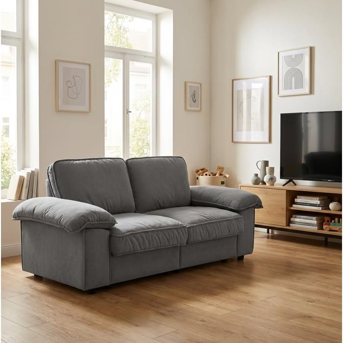 Canapé 2 places gris assise 136 x 61 cm rangement intégré tissu doux et pieds discrets