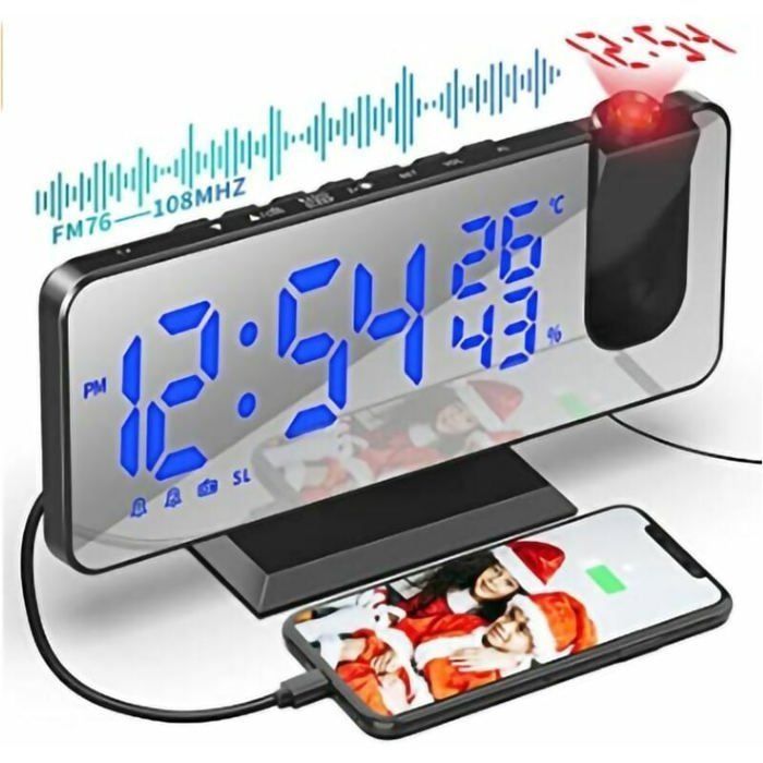 Reveil Projecteur Plafond Radio Réveil Projection Plafond avec Ecran Miroir 7.5 Pouces Température Port de USB Double