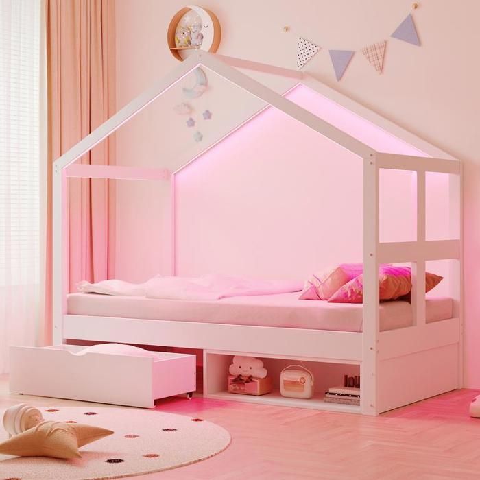 Lit simple 90x190 cm avec éclairage LED multicolore Lit enfant avec tiroirs et petite armoire à chaussures Lit 1 Personne en blanc