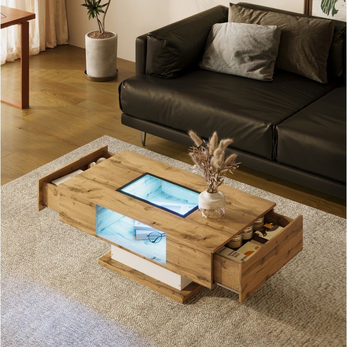 Table basse de salon effet chêne naturel et blanc avec LED verre et 2 tiroirs