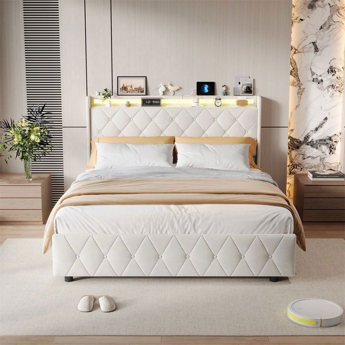 Lit rembourré 140x200 cm  – Lit double 140x200 cm – Lit adulte  avec 4 tiroirs  & Rangement Optimisé – Sans matelas  –  Beige