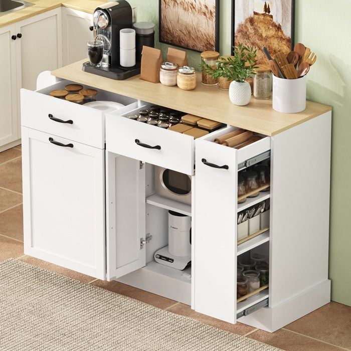 SEYAKANY Buffet 133.5×40×86 cm avec 2 tiroirs et 1 porte avec étagère à épices idéal pour la salle à manger et la cuisine-blanc