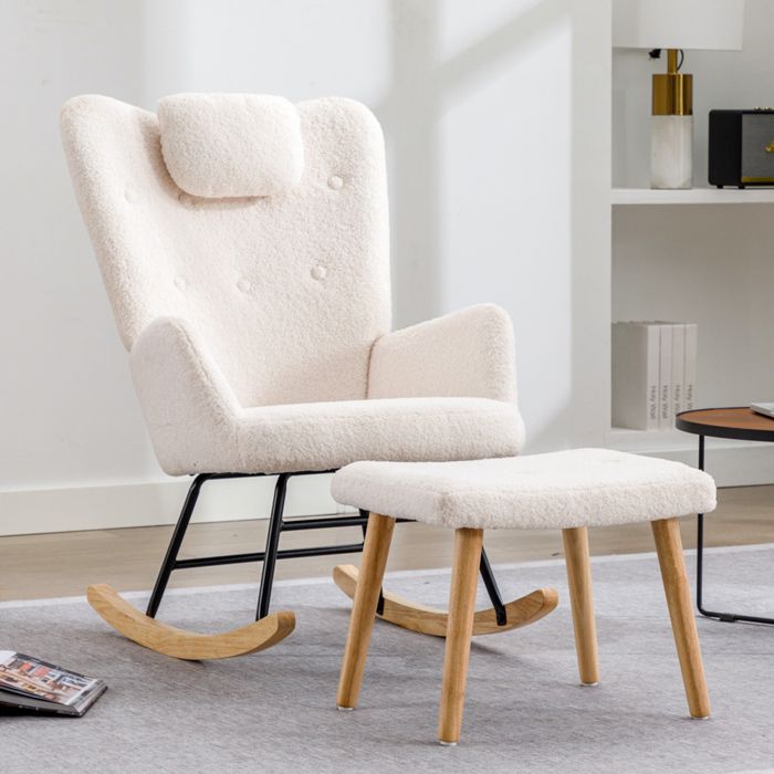 Fauteuil à Bascule Confortable Avec Appui-tête Et Repose-pieds Tissu Blanc