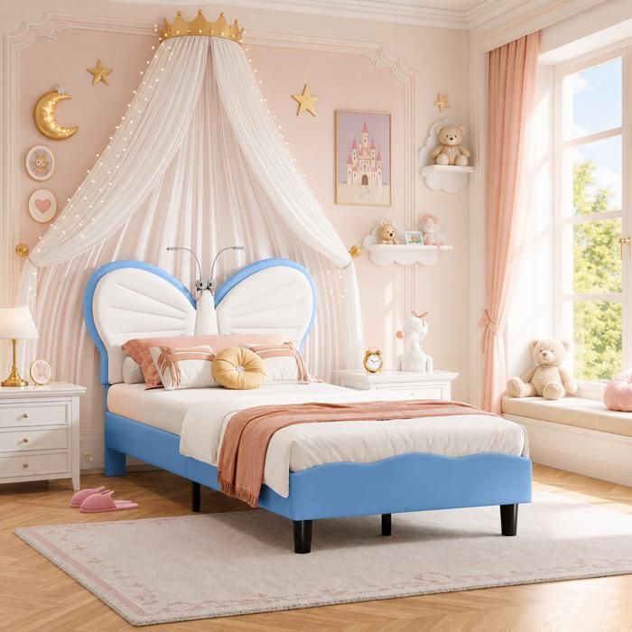 Lit enfant 90x200 cm lit simple bleu papillon avec lampes de lecture tête de lit réglable sommier à lattes
