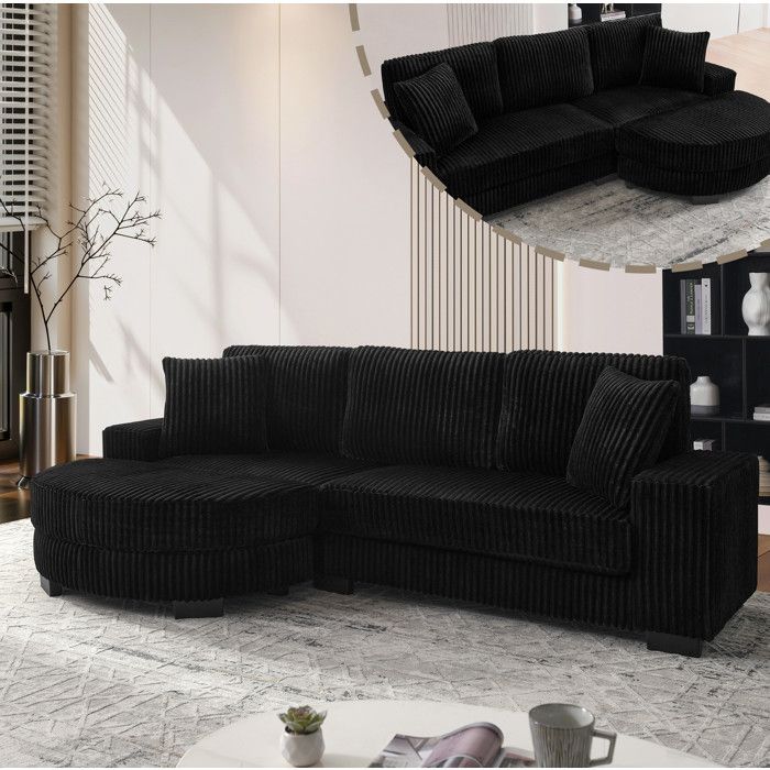 Canapé d’angle en velours côtelé noir avec ottoman modulable 2565 × 1335 × 89 cm