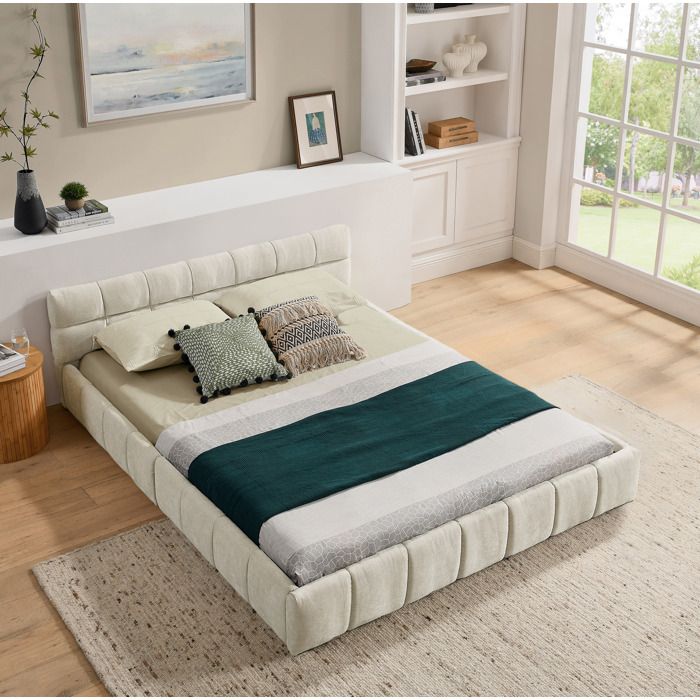 WOVREO Lit double 140 x 200 cm en chenille beige sommier à lattes bois d’eucalyptus et cadre en fer