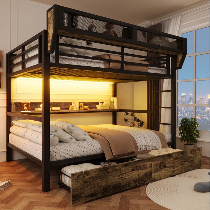 Lit superposé 140×200 cm 2 tiroirs panier et LED réglable - TCQPZ - sans matelas métal et MDF - noir
