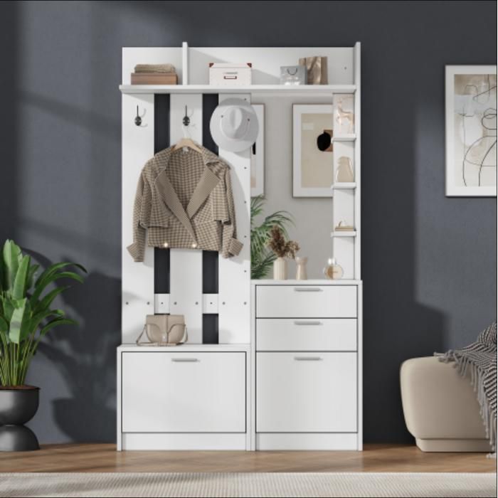 Vestiaire d’entrée 110 x 34 x 185 cm - miroir - 2 tiroirs - 2 abattants chaussures - 3 crochets - MDF blanc