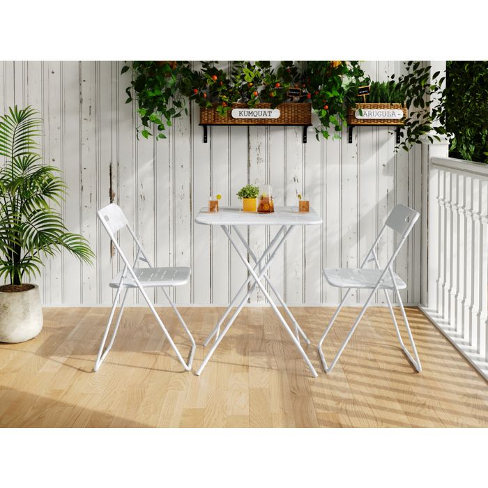 Ensemble bistrot pliant 3 pièces blanc en acier avec revêtement E-coating 1 table 60x60 cm et 2 chaises