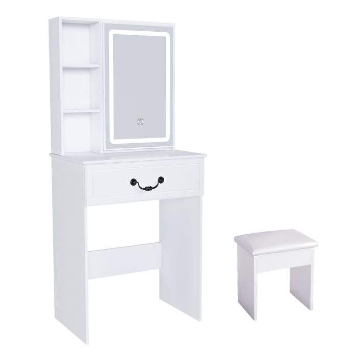 Ensemble coiffeuse minimaliste moderne avec miroir LED à intensité variable et tabouret rembourré blanc