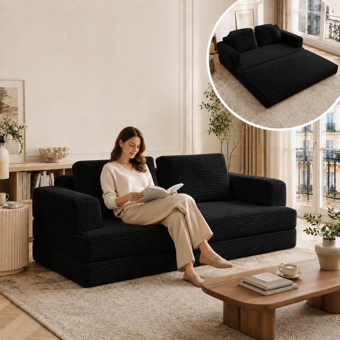 Canapé convertible - 2 places - Sans Montage - Canapé-lit - Chambre damis ou Salon - Velours côtelé Noir - L 160 x H 62 x P 90 cm