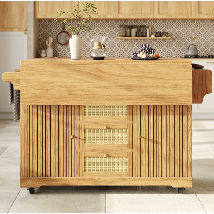 Desserte de cuisine pliante sur roulettes 142 5 x 80 x 95 cm 3 tiroirs aspect rotin PE MDF marron naturel