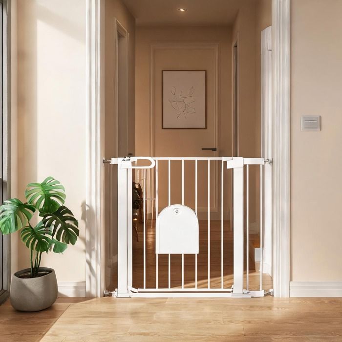 Barrière de sécurité avec porte et trappe pour chat acier blanc ajustable 75-103 cm pour escaliers et couloirs