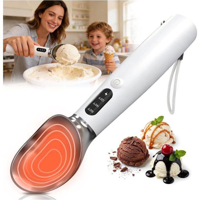 Scoop à glace chauffée électrique 3 réglages de température USB-C rechargeable écran LED tête étanche IP67 facile à nettoyer Scoop à glace chauffée électrique 3 réglages de température USB-C rechargeable écran LED tête étanche IP67 facile à nettoyer
