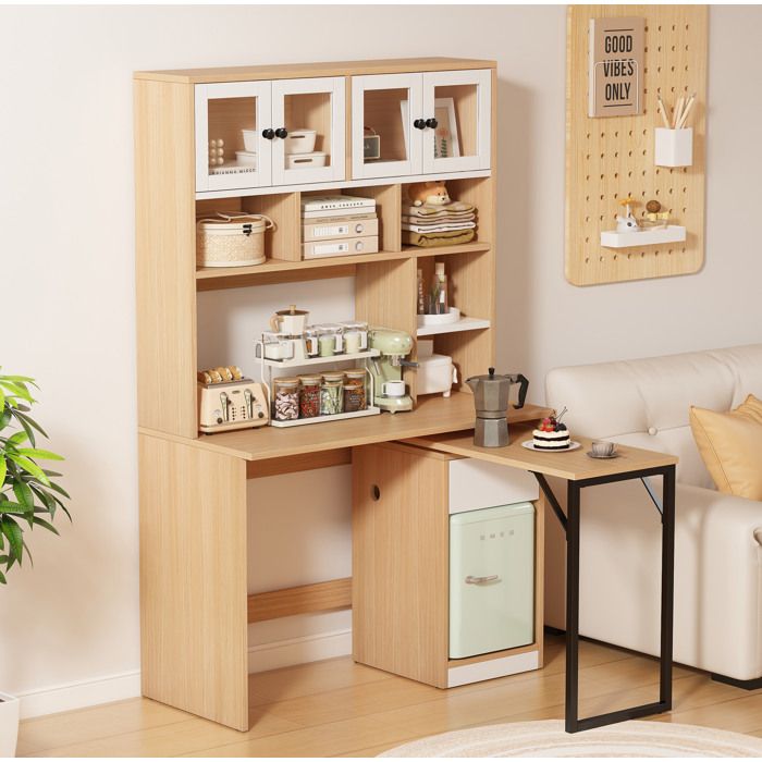Bureau secrétaire AESVAR avec meuble haut 180 cm et plateau pivotant MDF blanc et naturel