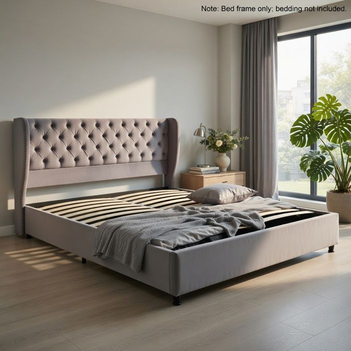 Lit rembourré double 160x200 cm gris capitonné avec tête en forme doreille hydraulique sommier à lattes coffre rangement