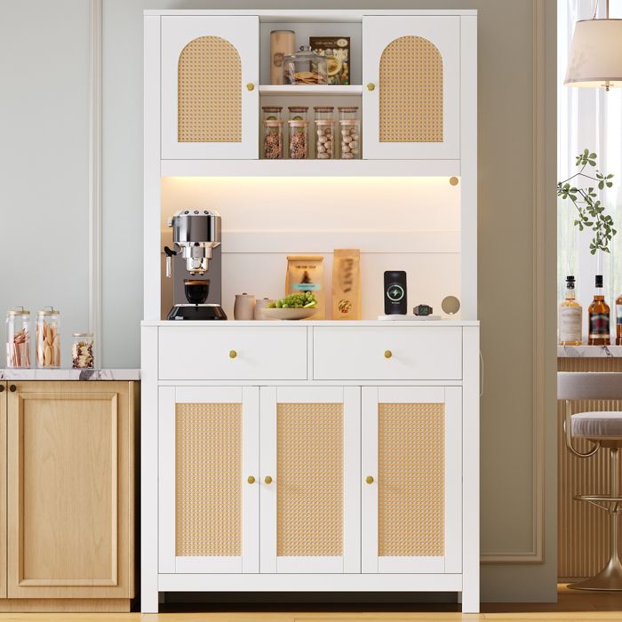 Armoire haute de cuisine 100×40×180 cm - 5 portes en rotin 2 tiroirs LED et prises - MDF - Blanc
