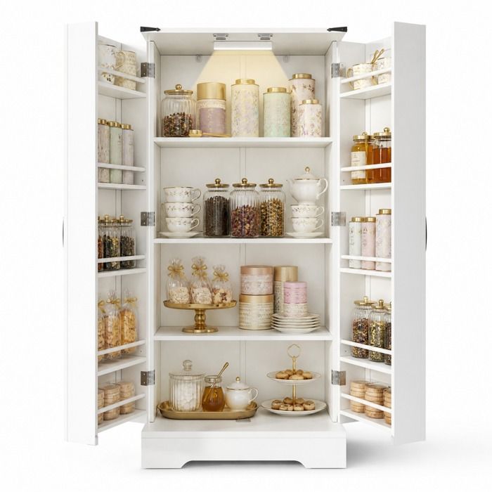 Buffet de cuisine blanc 2 portes – LED automatique étagères réglables – 60 x 35 x 128 5 cm
