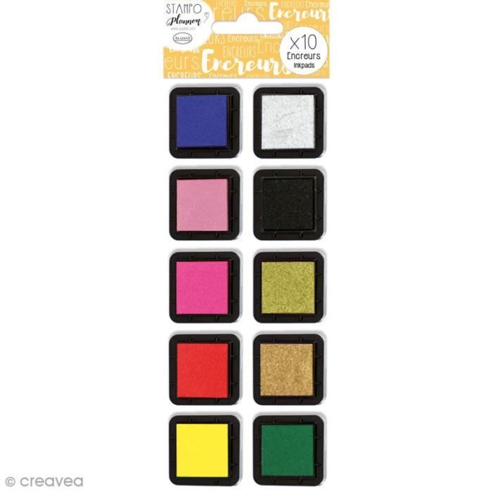 Kit Encreurs à pigment Izink Aladine - 10 coloris - 3,5 x 3,5 cm Kit Encreur Izink Aladine: 10 coloris : Bleu Marine, Argenté,
