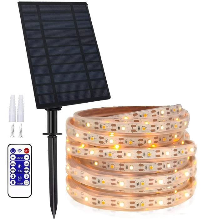 Ruban LED 10m IP67 Etanche 8 Modes Décoratifs Panneaux Solaires Bande Lumineuse Intérieur ou Extérieur pour 32.8ft blanc chaud
