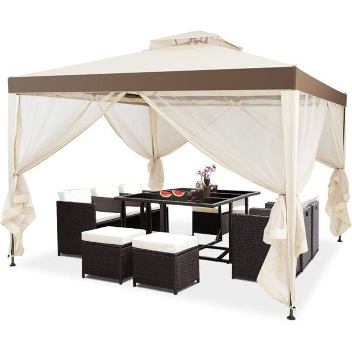 Tonnelle De Jardin Exterieur 394 X 394 CM, Pergola Avec Filet En Maille Amovibles Barnum Envi 4x4 M Pique Niques Camping Barbecue 96004254