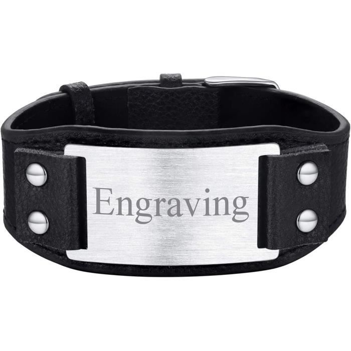 Bracelet Personnalisé Homme KDO MAGIC - Simili Cuir Noir Avec Gravure - Cadeau Fête Des Pères, Saint-Valentin
