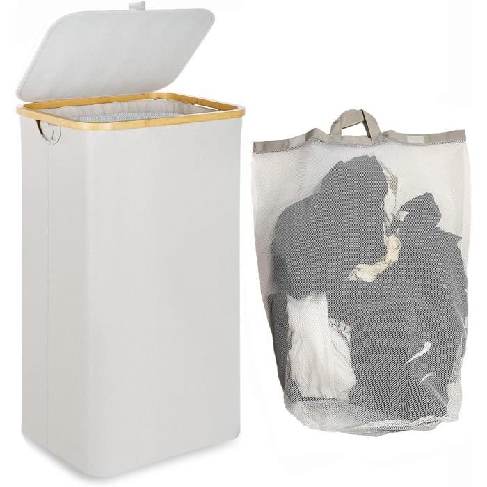 Panier à Linge 100L Avec Couvercle - Pliable - Bambou & Tissu Oxford - Noir - Sac Amovible
