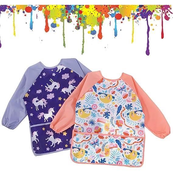 Tablier Peinture Enfant 3-8 Ans,Ecole Imperméable Longues Manches Blouse Art Plastique Enfants,D'artiste Longue D'art Artisanal Painting Tabliers,pour Fille Garcon Kinder Maternelle (Multicolore