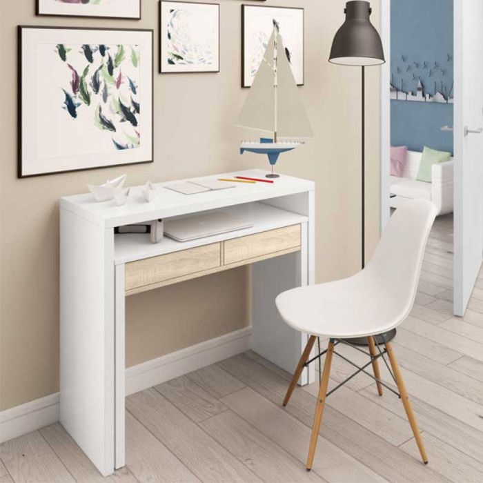 Console Extensible En Bureau Blanc Arctique/chêne Linia - Table