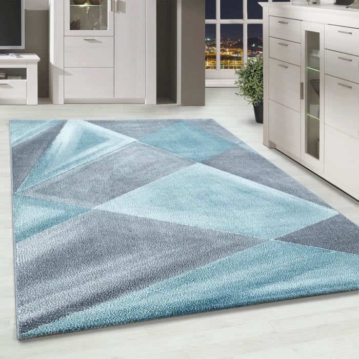 tapis design pour salon à poils courts abstrait motif tacheté gris bleu blanc [200x290 cm , bleu]
