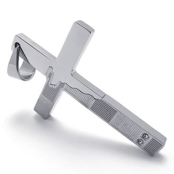 Argent Croix En Acier Inoxydable Pendentif Collier Hommes Femmes Chaîne Bijoux C