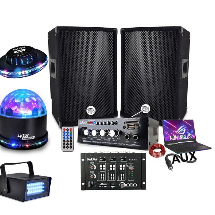 Kit Sono DJ 300W BM Sonic - 2 Enceintes 250W, Table Mixage Bluetooth/USB, Ampli, Micro - Idéal Débutant